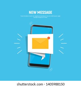 Smartphone With Notification Icon On Screen. Icon New Message On Mobile Phone Screen. Mobile Notification, Email Application. Vector Illustration In Flat Style.
