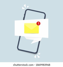 Smartphone con icono de notificación en pantalla. Icono nuevo mensaje en la pantalla del teléfono móvil. Notificación móvil, aplicación de correo electrónico. Ilustración vectorial en estilo plano.