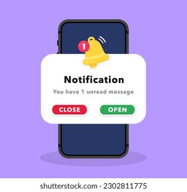 Smartphone with notification message on screen. Notification page with floating elements. New notice on the phone. Business planning, events, timetable. Important reminder. Vector