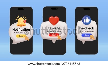 Smartphone Notification Messages – Favorite, Feedback and Alert Pop-Up UI with Click Button, 3D Icons and Mobile Push Message Vector