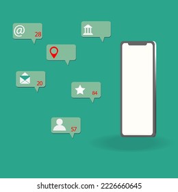 Smartphone with notification on phone screen on green background , technology  social network  vector illustration
