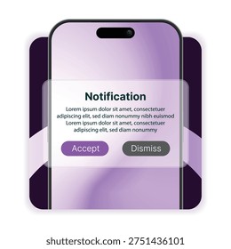 Smartphone Notification Popup Interface with Accept and Dismiss Buttons – Mobile App Alert Message Window on Phone Screen, Push Notification UI Design, Digital Communication Technology Vector Illustration