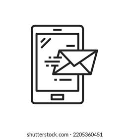 Smartphone With Notification Sms On Screen Isolated Outline Icon. Vector Sending Email Message By Phone Linear Symbol. New E-mail Application On Screen, Text Sms Or Chat Bubble, Incoming Unread Mail