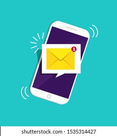 Smartphone with notification sms on screen.Alert of new message mail on mobile phone. Unread sms message on screen of cellphone. Reminder inbox notice in app. 3d flat design vector illustration