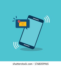 Smartphone with notification sms on screen.Alert of new message mail on mobile phone. Unread sms message on screen of cellphone. Reminder inbox notice.Flat design vector.