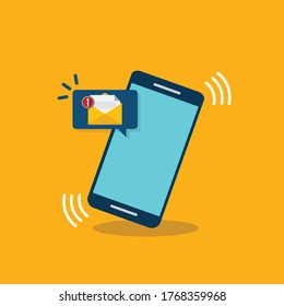 Smartphone with notification sms on screen.Alert of new message mail on mobile phone. Unread sms message on screen of cellphone. Reminder inbox notice.Flat design vector.