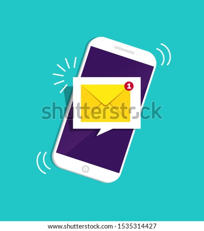 Smartphone with notification sms on screen.Alert of new message mail on mobile phone. Unread sms message on screen of cellphone. Reminder inbox notice in app. 3d flat design vector illustration