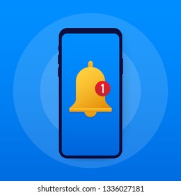 Smartphone with notifications bell icon. New notification on smartphone screen. Vector stock illustration.
