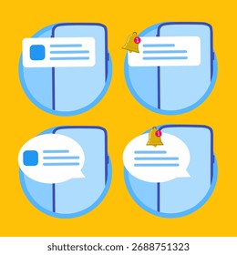 Notificaciones de smartphone y mensajes de chat con iconos de alerta.