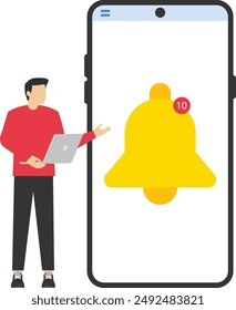 Smartphone with notifications. female character sitting on the phone with a new email message on the phone. New message notification concept or other notification. Warning message. Unread email.

