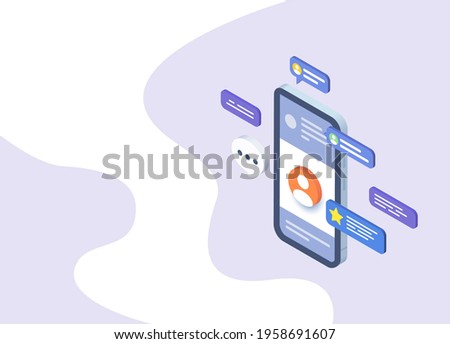 Smartphone with notifications, ratings and comments, comunication. Banner template. Vector illustration. EPS 10