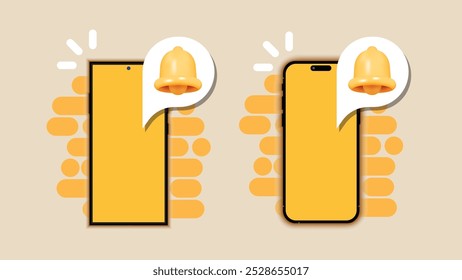 Notificaciones de Smartphone con el icono de la campana amarilla. Teléfono móvil Ilustración vectorial de aviso Nuevo y signo de mensaje de recordatorio. Vector.