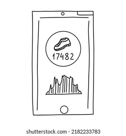 Smartphone with the number of steps taken in the application pedometer. Sports and healthy lifestyle. Technology and health. Black and white vector isolated illustration hand drawn contour