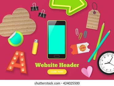 Smartphone and objects realistic vector illustration. Website banner design. Desk top view