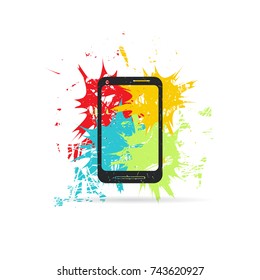 Smartphone no plano de fundo com pontos de cor. Ilustração do vetor Grunge