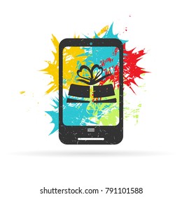 Smartphone on background with color spots. Grunge vector illustration