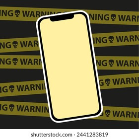 A smartphone on the background of a fence of yellow tapes. Collage of phone and warning tapes about danger. Trendy collage concept.