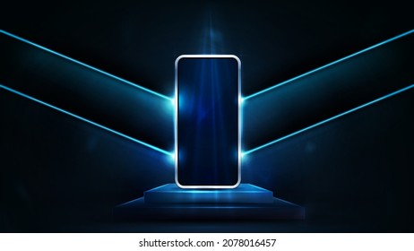 Smartphone on blue rectangular podium on background empty room with neon blue large arrows on wall