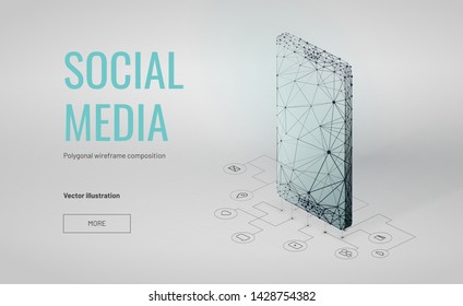 Smartphone on circuit board background. Isometric Low poly wireframe style. Tools for SEO or SMM specialist. Abstract isolated on white  background. Particles are connected in a geometric silhouette.