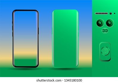 Smartphone on a colored background. Model realistic with design elements for advertising.