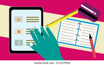 Smartphone  on desk ,hand on desk work in home office.Hand on ordering food through the app for protect yourself at home.
