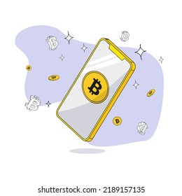 a smartphone on the display of which a bitcoin coin is shown around the stars of the coin and bitcoin symbols are flying around