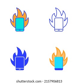 Icono de Smartphone on fire ajustado en estilo plano y de línea. Sobrecalor de teléfono móvil. Malas noticias, símbolo de emergencia. Ilustración vectorial.