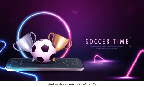 Smartphone on a floor with soccer ball, champion cups, line gradient neon ring on background and neon blue and pink triangles around
