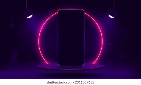 Un smartphone en un estadio brillante con un arco redondo de neón brillante sobre un fondo morado oscuro. Una plataforma con un teléfono con lámparas brillantes.