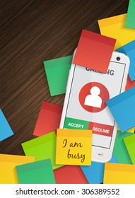 Smartphone on group of colorful stickers, business busy theme with text vertical vector illustration