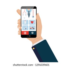 smartphone on hand display healthcare application vector, white background.