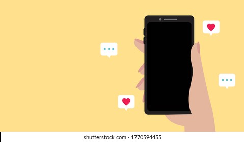 smartphone on Hand, Like y Chat icon. Servicio de red social. Ilustración Gráfico Tecnológica.