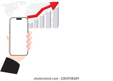 A smartphone on hand with space for text  isolated on financial graphs background. Financial transaction through internet banking on smartphone