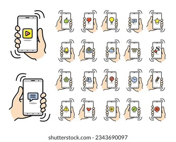 Smartphone vorhanden. Dünne Symbole von Handyfunktionen, Einstellungen und Anwendungen. Set von Vektorlinearen Symbolen für Smartphones.