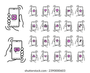Smartphone vorhanden. Dünne Symbole von Handyfunktionen, Einstellungen und Anwendungen. Set von Vektorlinearen Symbolen für Smartphones.