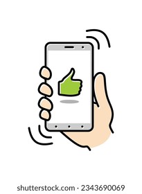 Smartphone on hand. Thin line icon of mobile phone features, settings and apps. Vector linear icon for smartphone. Vector illustration.