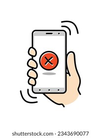 Smartphone on hand. Thin line icon of mobile phone features, settings and apps. Vector linear icon for smartphone. Vector illustration.