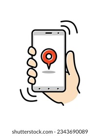 Smartphone a mano. Icono de línea delgada de funciones, configuraciones y aplicaciones de teléfonos móviles. Icono lineal vector para smartphone. Ilustración vectorial.
