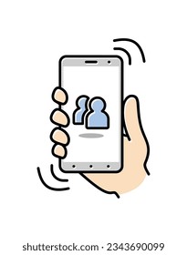Smartphone on hand. Thin line icon of mobile phone features, settings and apps. Vector linear icon for smartphone. Vector illustration.
