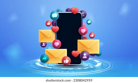 Smartphone on hologram podium surrounded with floating social network elements on blue background.