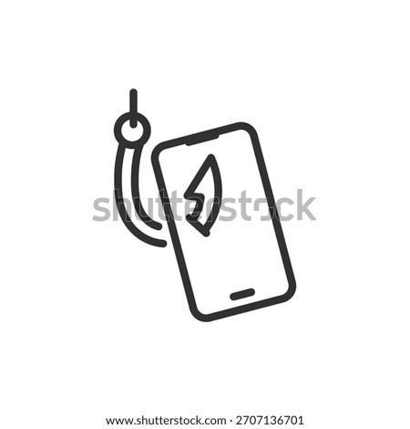 Smartphone on hook, linear icon. Phone scam and phishing fraud. Line with editable stroke.