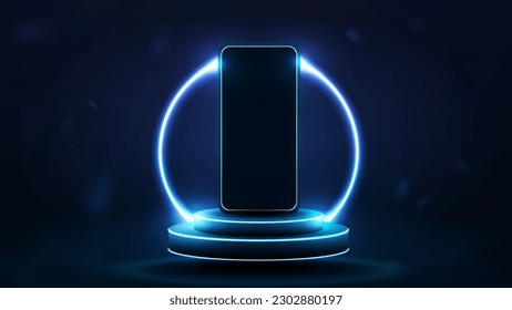 Un smartphone en un podio de neón con un círculo brillante en el fondo.