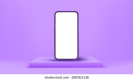 Smartphone On Podium 3d Vector Illustration. Smartphone Online Entertainment. Online Shopping, Mobile Gaming, Applications, Network And Social Media. Trendy Pastel Colors.