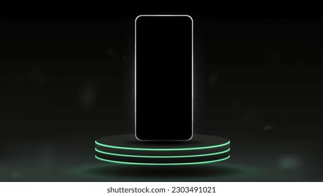 Smartphone on the podium with green neon on a dark gray background.