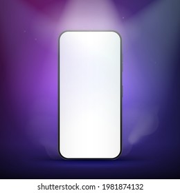 Smartphone on a podium for a product presentation or showcase with spotlights on a bright background. 3D modern minimalist layout. Vector illustration.