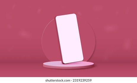 A smartphone on the podium with a white screen in pink in the room. The layout of a mobile phone on a glossy platform.