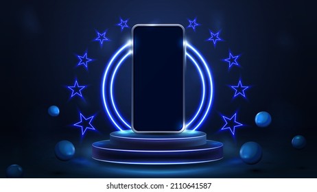 Smartphone on podium of winners with blue neon rings and neon stars in blue scene with realistic bouncing spheres 