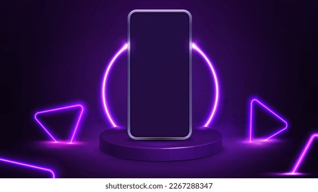 Smartphone en podio morado con anillo de neón en el fondo y triángulos de neón morado alrededor.