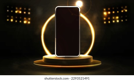 Smartphone on realistic empty gold podium floating in the air with gold neon ring on background and spotlights