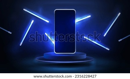 Smartphone on round dark podium with line random flying lamps around, 3d realistic vector illustration. Blue and dark digital scene with phone mockup